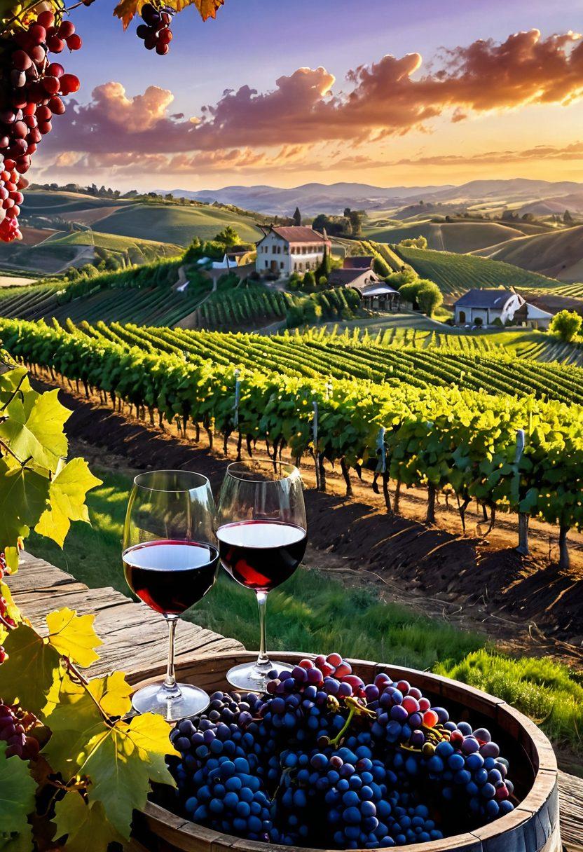 A scenic vineyard bathed in golden sunlight, showcasing rows of grapevines laden with grapes ready for harvest. In the foreground, a glass of deep red wine captures the light, reflecting hues of burgundy and violet. The background features rolling hills and a quaint winery, with a rustic wooden sign showcasing the word 'Viniculture'. Soft, dreamy clouds drift across the sky, evoking a sense of tranquility. super-realistic. vibrant colors. warm tones.