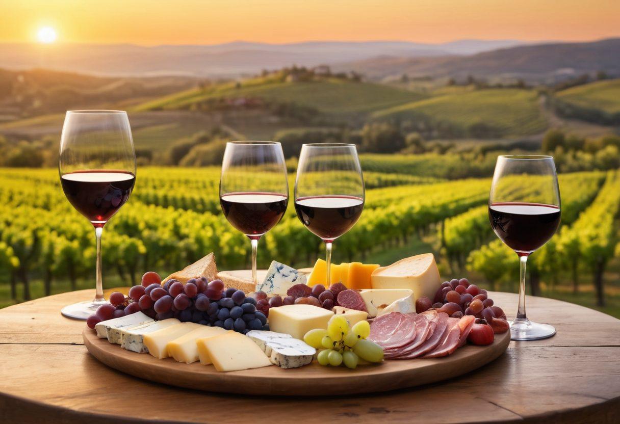 A beautifully arranged table featuring an array of wine glasses filled with different wines, surrounded by a stunning vineyard landscape at sunset. Include small cheese and charcuterie boards, and a person elegantly swirling a glass in one hand, with a look of appreciation. The ambiance should reflect warmth and sophistication, inviting the viewer to indulge in the experience of wine tasting. super-realistic. warm colors. vibrant sunset.