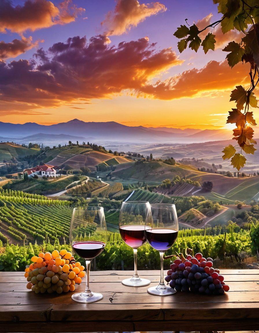 A scenic vineyard rolling across hills at sunset, showcasing clusters of grapes ready for harvest. In the foreground, a rustic wooden table adorned with glasses of various colorful wines and a map highlighting famous wine regions. Silhouettes of charming wineries and mountains in the background, evoking a sense of adventure and cultural storytelling. The sky is painted with vivid hues of orange and purple, adding a magical touch to the atmosphere. super-realistic. vibrant colors. warm lighting.